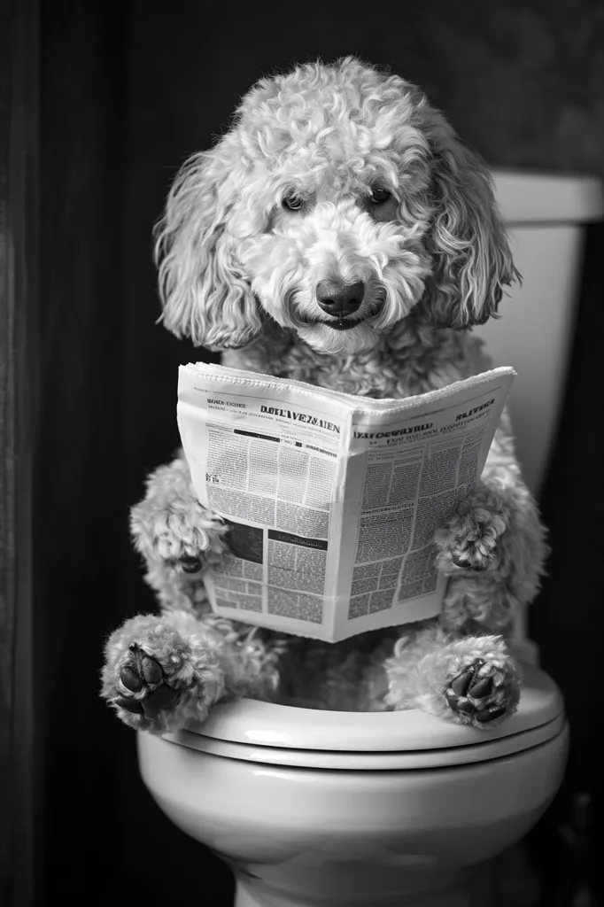 A fluffy, light-colored poodle sits on a toilet, engrossed in reading a newspaper.  The monochrome image emphasizes the dog's soft fur and the contrast between its playful posture and the seriousness of the news. The dog's paws rest on the toilet's rim, holding the newspaper open to a spread of text. The overall scene is humorous and slightly surreal.