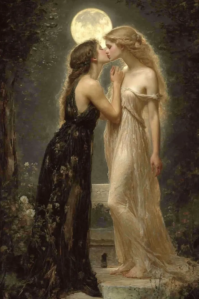 Here's a description of the image:

The painting depicts two women in flowing Grecian-style gowns, sharing a tender kiss under a large, luminous moon.  One woman wears a dark, richly textured gown, while the other is clad in a pale, ethereal garment.  Their embrace is intimate and sensual, framed by a moonlit garden setting with hints of foliage and flowers. The overall mood is romantic and mystical, enhanced by the soft light and muted colors.  A sense of timeless beauty and perhaps a mythological theme permeates the artwork.