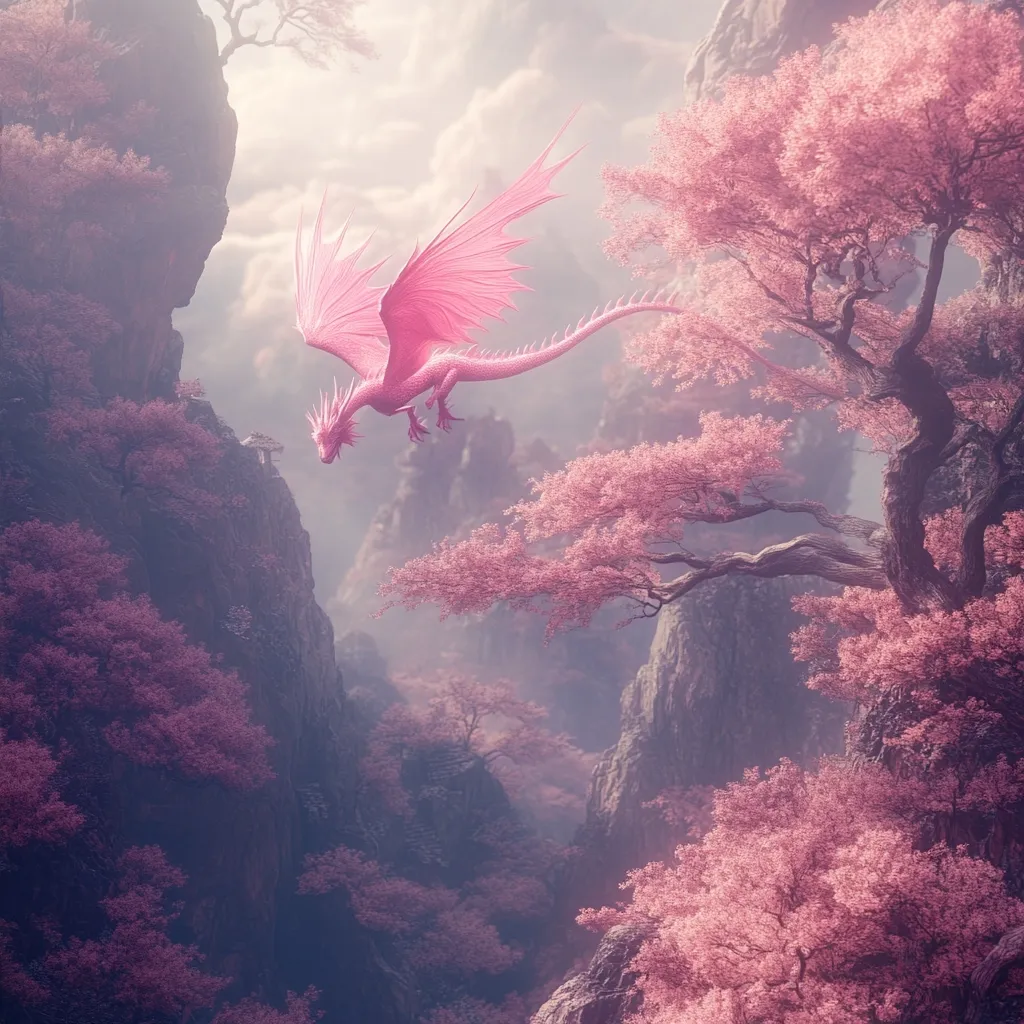 A pale pink dragon soars through a misty mountain valley.  The dragon's wings are outstretched, its body elegantly curved.  The valley is adorned with blossoming pink trees, creating a serene yet fantastical atmosphere.  Soft light filters through the clouds, illuminating the scene in a dreamlike quality. The overall mood is peaceful and magical, suggesting a hidden, enchanted world.
