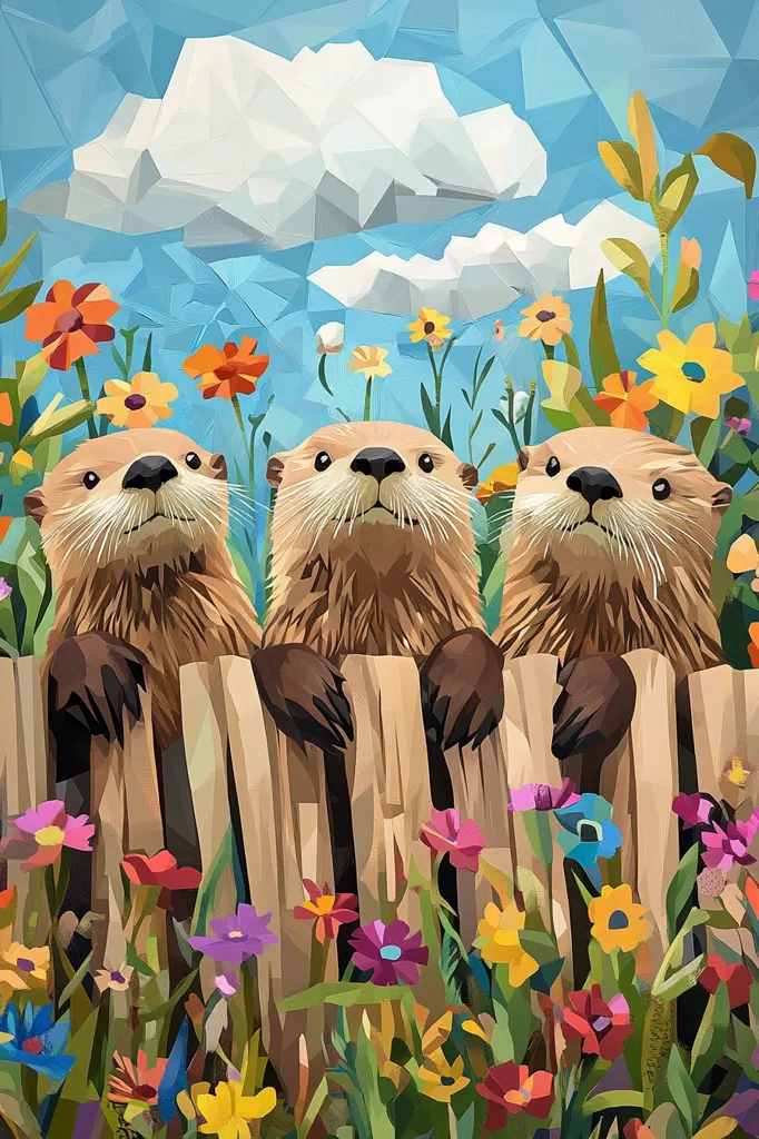 Here's a description of the image:

The image is a vibrant, stylized artwork featuring three otters peeking over a wooden fence. The otters are rendered in a low-polygraphic style, giving them a slightly geometric, almost pixelated appearance. They have expressive faces and appear friendly and curious. Behind them is a profusion of brightly colored, stylized flowers in a variety of shapes and sizes, set against a light blue sky with a fluffy, similarly stylized cloud. The overall style is playful and cheerful, reminiscent of children's illustration. The color palette is saturated and joyful.