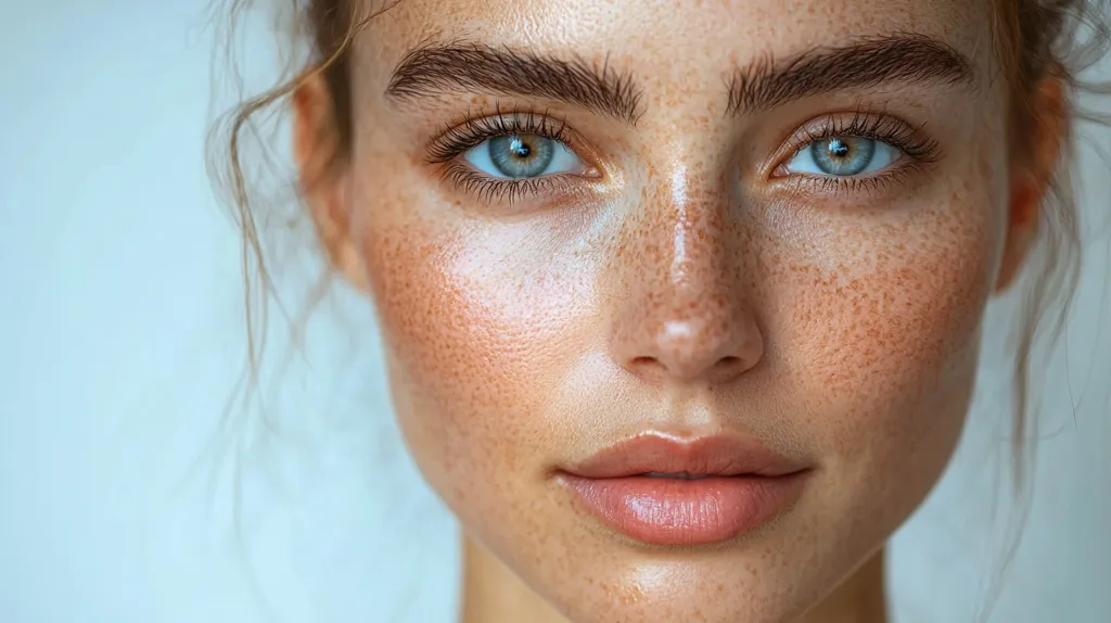 Close-up of a young woman's face.  Her skin is fair with light freckles, and she has subtly defined eyebrows and light blue eyes. Her makeup is minimal and natural, enhancing her features.  The lighting is soft, highlighting the texture of her skin.  Her hair is light brown and pulled back from her face, focusing attention on her clear complexion. The overall impression is one of natural beauty and healthy skin.