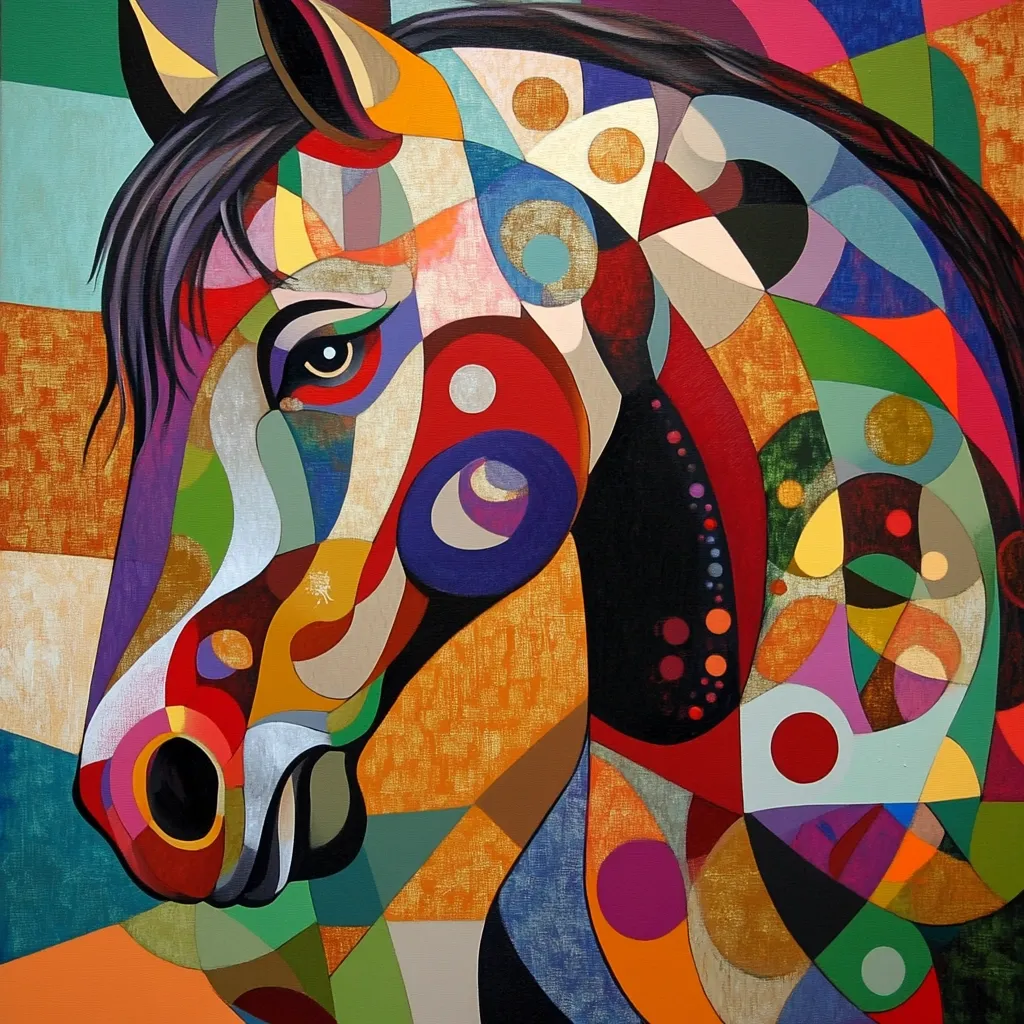 Here's a description of the image:

The artwork is a vibrant, abstract portrait of a horse's head and neck, rendered in a Cubist style. Bold, geometric shapes in a rich palette of reds, oranges, purples, greens, and blues are used to depict the horse's features. The artist employs a textured style with varying levels of detail, creating depth and visual interest. The mane is depicted with dark strokes suggesting movement, contrasting with the sharp angularity of the rest of the composition.  Circular elements are strategically placed throughout, adding a sense of rhythm and balance to the overall design. The painting's energy is powerful, conveying both movement and stillness.