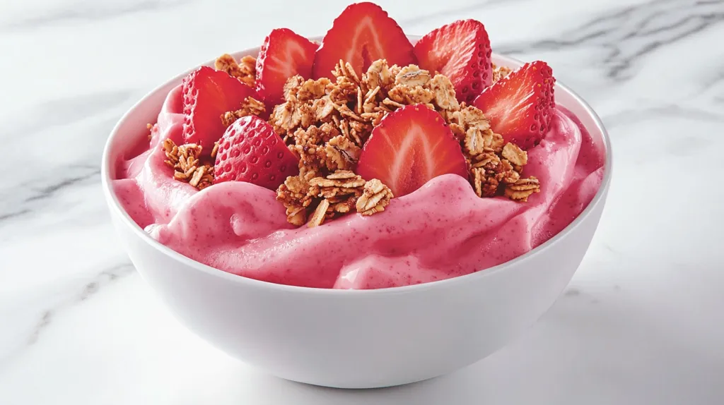 Here's a description of the image:

A white bowl sits on a marble surface, brimming with a vibrant pink strawberry smoothie.  The smooth, creamy texture of the smoothie is topped with a generous layer of crunchy granola and several fresh, halved strawberries arranged attractively. The strawberries are bright red, contrasting beautifully with the pink smoothie and light brown granola. The overall presentation is appealing and suggests a healthy, refreshing dessert or breakfast option.