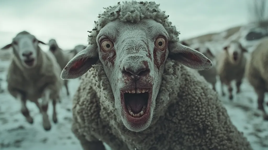 Here's a description of the image:

The image shows a close-up of a sheep with a disturbing expression. Its mouth is wide open, revealing teeth, and its eyes are wide with a look of terror or aggression.  The sheep's face is covered in what appears to be blood or mud, adding to its unsettling appearance. Other sheep are visible in the background, blurred, running in the same direction, creating a sense of frantic movement. The scene is set in a snowy, outdoor environment.  The overall effect is unsettling and evokes a feeling of unease or horror.