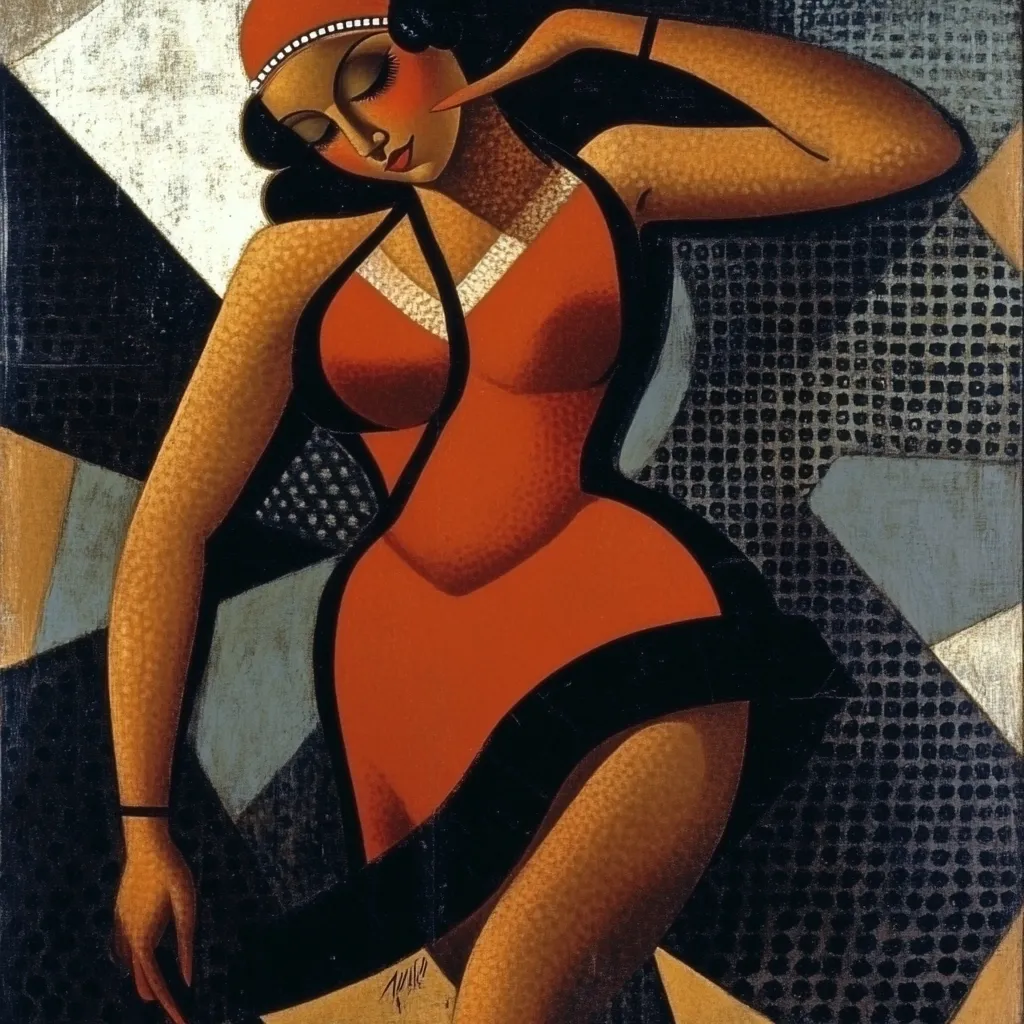 Here's a description of the image:

The painting is a stylized depiction of a woman in a red dress, executed in a Cubist or Art Deco style.  The woman, with dark hair and a red headscarf, is presented in a three-quarter view, her pose suggesting movement or dance.  Her dress is a vibrant orange-red, with a dark trim, and her skin tone is richly hued. The background is composed of geometric shapes in shades of black, gray, and off-white, contrasting sharply with the woman's figure. The artist employs strong lines and blocks of color, creating a dramatic and slightly abstracted representation.  The overall impression is one of elegance and stylized modernity.