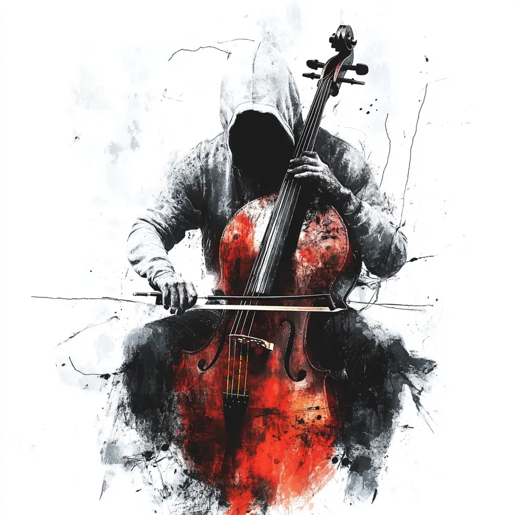Here's a description of the image:

The artwork depicts a hooded figure, cloaked in shadow, seated and playing a cello. The cello is rendered in striking shades of red and black, appearing almost distressed or stained, suggesting a raw, emotional intensity. The figure's face is obscured by the hood, adding to the mystery and emphasizing the music as the central focus.  The style is painterly, with visible brushstrokes and splatters of color against a stark white background, creating a powerful visual contrast. The overall mood is somber and dramatic, conveying a sense of hidden emotion and artistic expression.