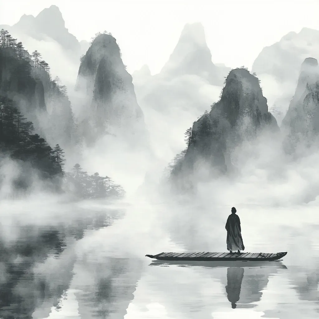 A solitary figure, cloaked in dark robes, stands on a simple raft in a tranquil, misty lake.  Towering, mist-shrouded mountains rise on either side, their peaks partially obscured by a thick, ethereal fog. The scene is rendered in shades of gray, evoking a sense of peace and serene isolation, reminiscent of traditional East Asian ink wash painting. The calm water mirrors the mountains and sky, creating a harmonious and contemplative atmosphere.