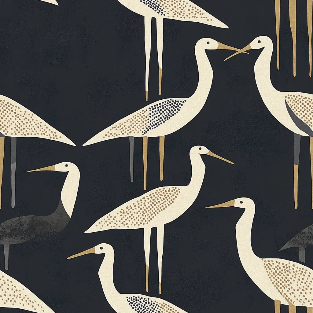 Here's a description of the image:

The image showcases a repeating pattern of stylized birds, possibly cranes or herons, set against a dark charcoal background.  The birds are depicted in off-white with speckled detailing in a darker beige or gold. Their long legs and beaks are rendered in a solid gold color. The birds are arranged in various positions, some facing left, others right, creating a dynamic and visually engaging composition. The overall style is minimalist and modern, suggesting a design suitable for fabric, wallpaper, or other home décor applications.