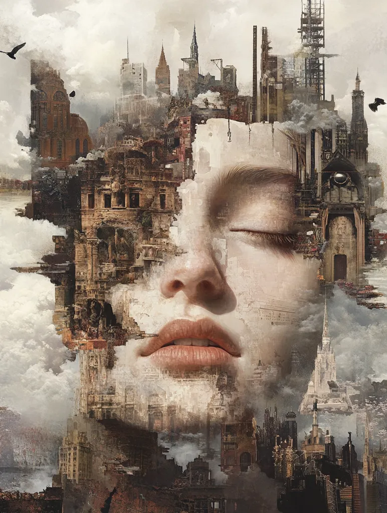 Here's a description of the image:

The artwork is a surreal digital painting or composite image where a woman's serene face is interwoven with a crumbling cityscape.  Her closed eyes and lips are prominent, forming a focal point amidst the ruins. The city, rendered in muted browns and grays, appears decaying, yet some structures retain architectural detail. Smoke or clouds partially obscure the scene, adding to the melancholic and dreamlike atmosphere.  The juxtaposition creates a powerful visual metaphor, possibly exploring themes of urban decay, inner peace amid chaos, or the burden of a city’s history on its people.