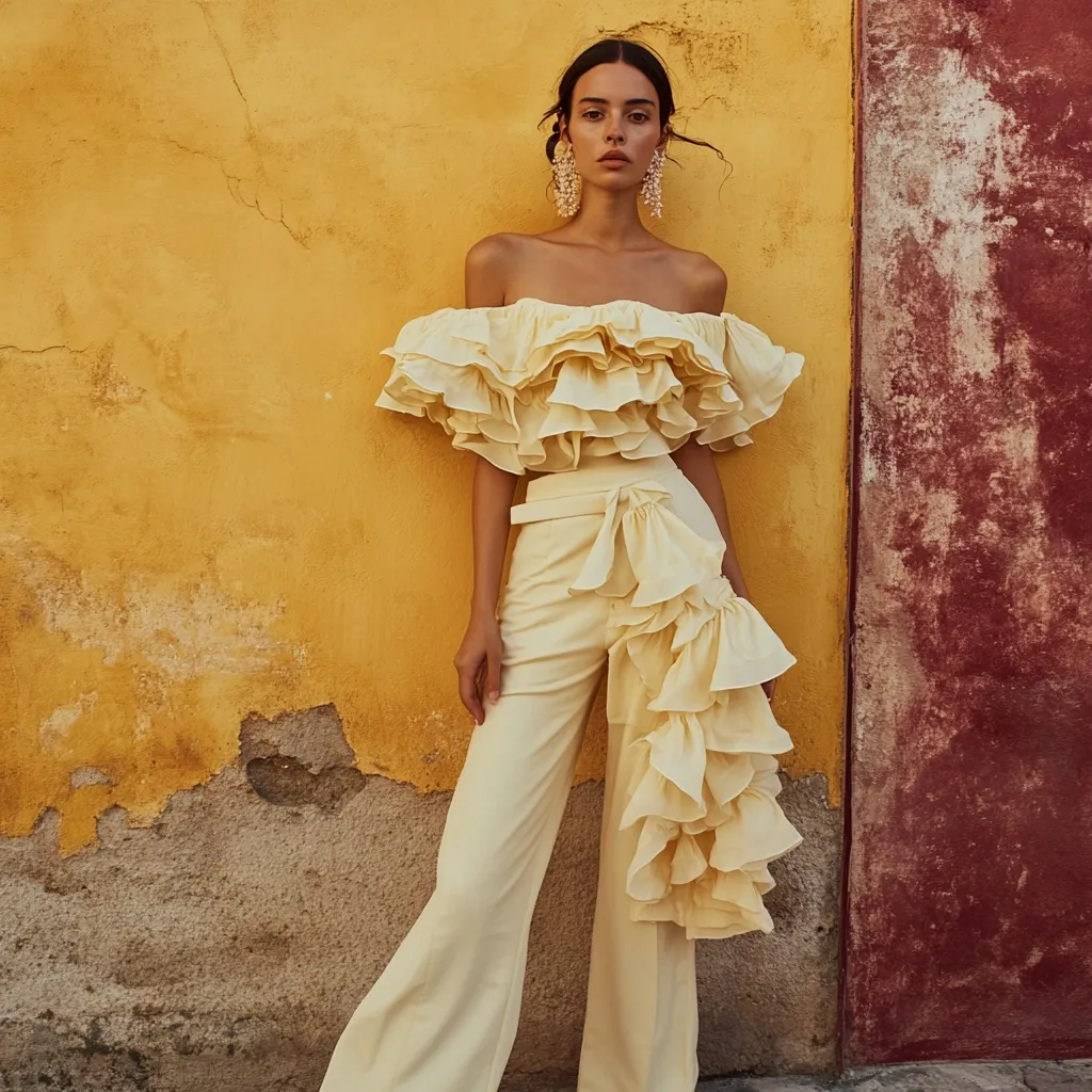 A fashion model stands against a vibrant yellow and maroon wall, showcasing a pale yellow off-the-shoulder ruffled top and matching wide-leg pants. The pants feature a dramatic asymmetrical ruffle detail cascading down one leg.  The model's dark hair is styled up, and she wears long, pearl drop earrings. The overall aesthetic is elegant and bohemian, with the contrasting wall colors providing a striking backdrop.