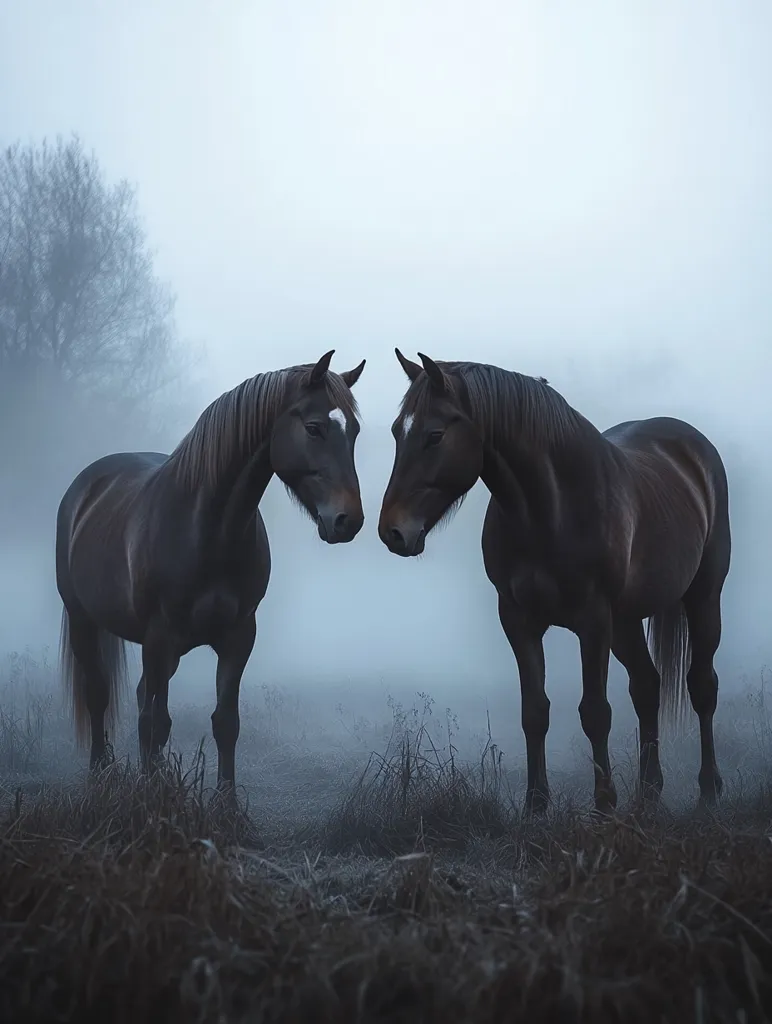 Two dark brown horses stand facing each other in a misty field.  Their heads are close, almost touching, creating a sense of intimacy or connection.  The background is a muted blue-gray, with a hazy, indistinct landscape and a lone bare tree visible in the distance. The overall atmosphere is serene, mysterious, and slightly melancholic. The low light and fog enhance the mood, emphasizing the horses' forms against the pale backdrop.
