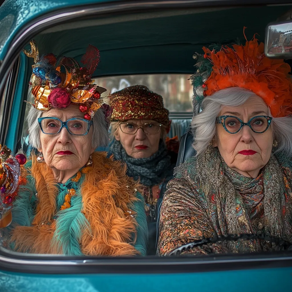 Three stylish elderly women, adorned in vibrant, eccentric hats and festive clothing, sit in a teal vintage car.  The woman in the front displays a large, ornate headpiece; the others wear equally flamboyant hats.  Their expressions are serious, almost stern, creating a contrast with their flamboyant attire. The overall scene is striking and suggests a quirky, possibly comedic, context.