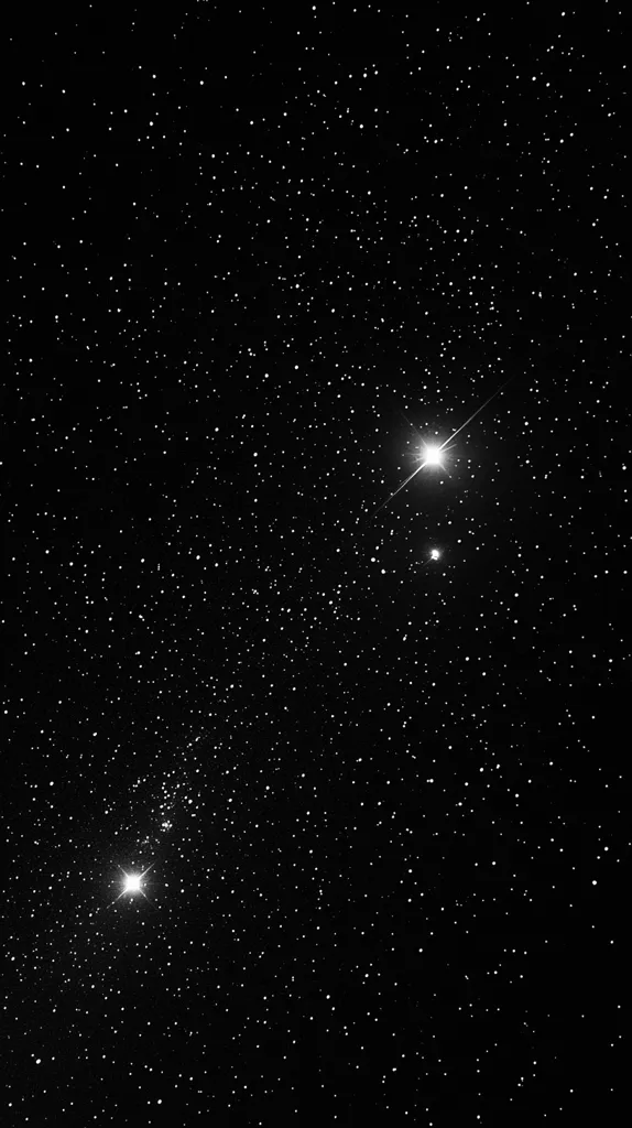 The image shows a dark night sky densely populated with countless stars of varying brightness.  Two particularly bright stars stand out; one positioned higher and slightly to the right, and another lower and to the left.  The brighter star displays a noticeable diffraction spike, a common artifact of telescopic imaging.  The overall impression is one of deep space, vastness, and the quiet beauty of a star-filled night.