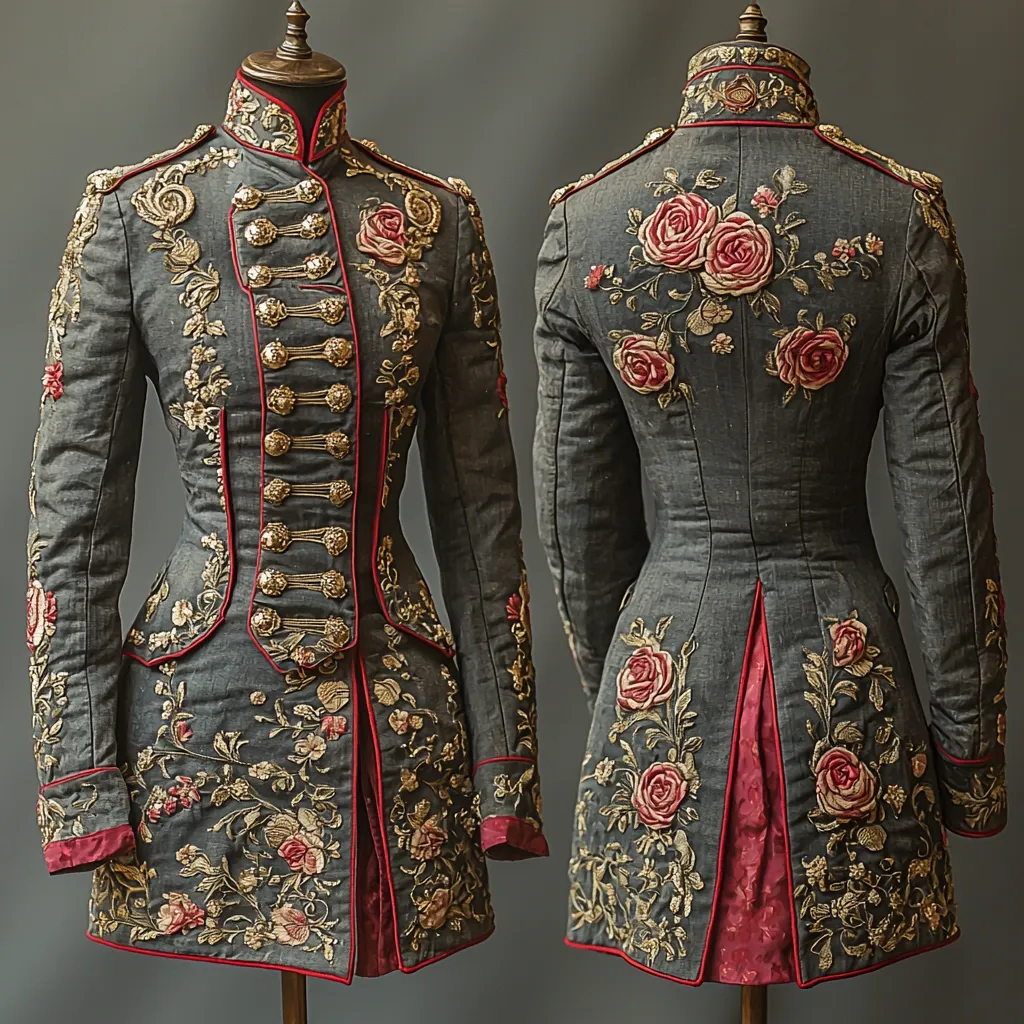 Here's a description of the image:

The image shows a meticulously detailed, gray women's jacket, displayed on a mannequin from both the front and back.  The jacket is cinched at the waist and features extensive gold and pink floral embroidery, particularly prominent roses, that adorn the sleeves, front, and back.  The trim is a dark maroon, contrasting elegantly with the gray fabric. The jacket is reminiscent of military styling, with a double-breasted button front. The overall effect is one of refined opulence and historical influence.