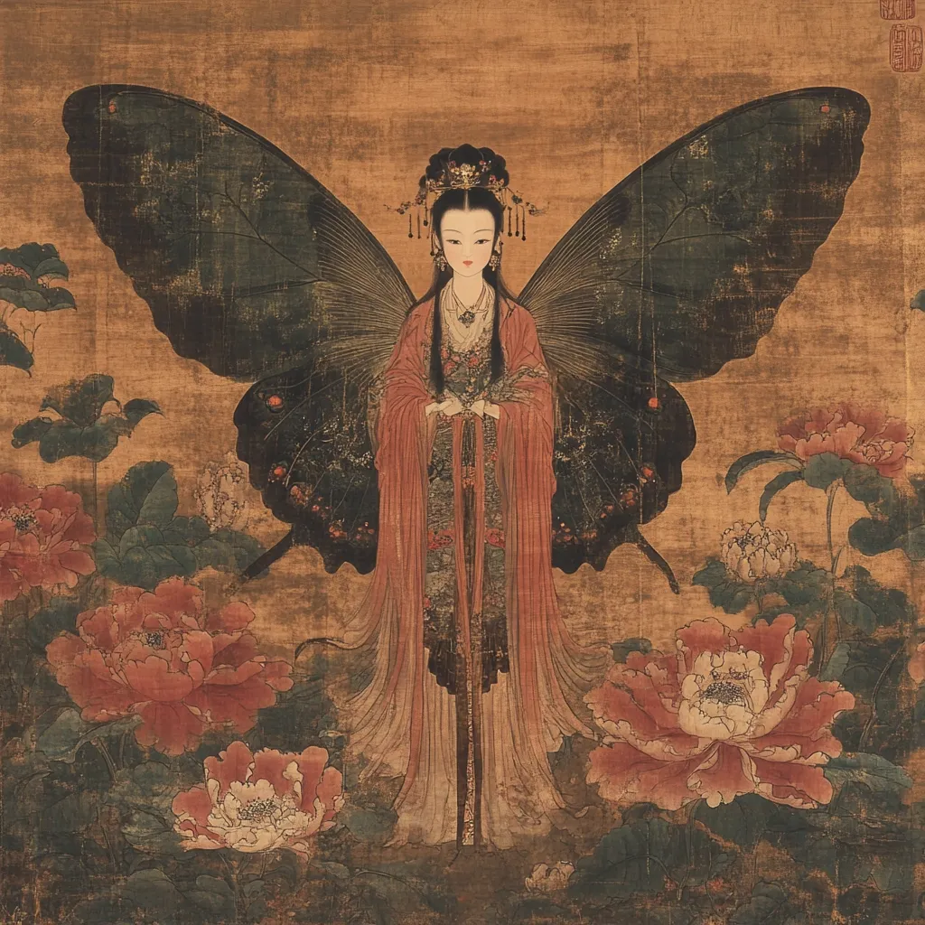 The painting depicts a serene woman, adorned in elegant Chinese attire, with large, dark butterfly wings extending from her back. Her expression is calm and composed, her hands clasped in front of her. She stands amidst lush peony blossoms, their vibrant colors contrasting with the muted tones of her clothing and the wings. The style suggests a classical Chinese aesthetic, with meticulous detailing in both the figure and floral elements. The overall effect is one of ethereal beauty and tranquility, suggesting a mythological or symbolic representation.  The aged texture of the artwork adds to its sense of history and artistry.