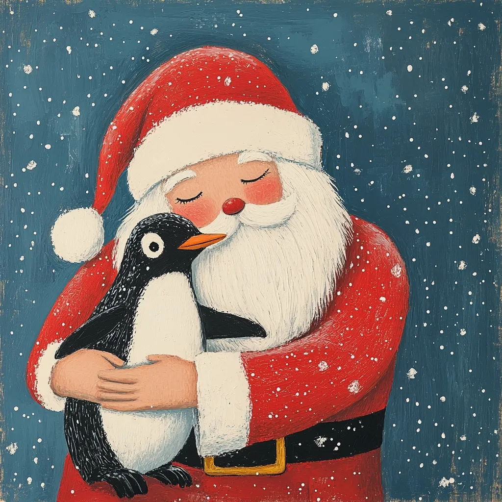 A heartwarming illustration depicts Santa Claus gently embracing a penguin against a snowy, blue night sky.  Santa, with his eyes closed, exudes peace and warmth. His red suit is detailed with snowy texture, matching the falling snowflakes in the background. The penguin, black and white, snuggles close, creating a festive and tender scene, suggesting a peaceful Christmas moment. The painting style is naive and charming, employing bold colors and simple lines.