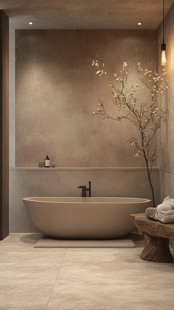 A minimalist bathroom features a freestanding, oval bathtub in a muted beige tone.  The walls are a coordinating textured beige, complemented by a slender, minimalist faucet.  A delicate, blossoming branch adds a natural touch.  A rustic wooden stool sits nearby, adding a touch of warmth.  The overall aesthetic is serene and sophisticated, emphasizing earthy tones and clean lines.  Subdued lighting enhances the calming atmosphere.