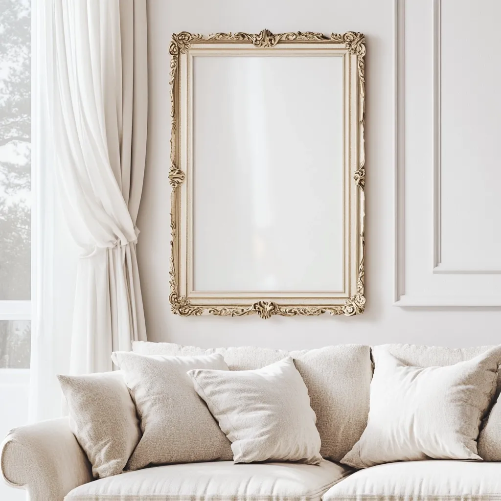 Here's a description of the image:

The image shows a luxurious, light-filled living room.  A large, ornate gold frame, holding a blank canvas, hangs on a white paneled wall.  Cream-colored, plush cushions adorn a light beige sofa positioned beneath the frame.  Sheer, flowing white curtains drape beside a window, suggesting a serene and elegant atmosphere. The overall style is sophisticated and minimalist, with a focus on soft textures and neutral tones.