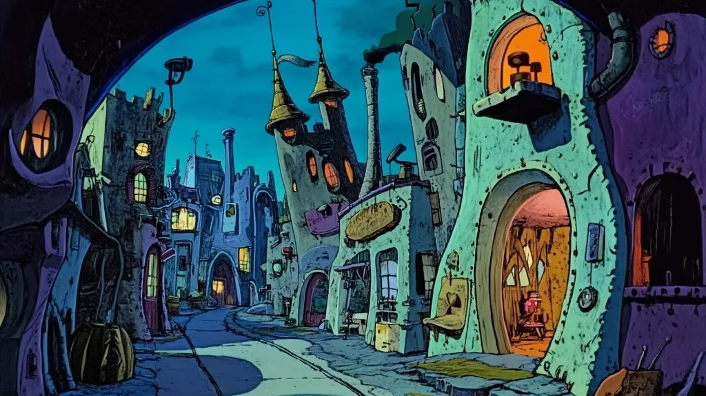 The image depicts a whimsical, nighttime cityscape.  Buildings are oddly shaped, with organic curves and uneven surfaces, resembling a fantastical village or town.  Towers with pointed roofs stand alongside squat, irregular structures.  Warm interior lights contrast with the cool blues and greens of the night sky and building exteriors. The street is dimly lit, adding to the mysterious and slightly eerie atmosphere. The style is reminiscent of cartoon animation, with a vibrant color palette and exaggerated details.  The overall impression is one of charm and peculiar beauty.