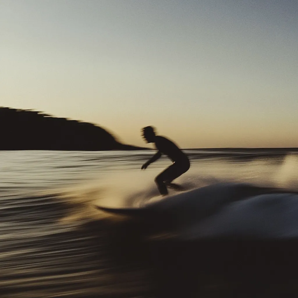 Here's a description of the image:

The photograph captures a silhouetted surfer riding a wave at sunset.  The surfer, a dark figure against the warm, fading light, is slightly blurred, suggesting motion.  The ocean's surface is also blurred, emphasizing the speed and energy of the wave.  A dark landmass is visible in the background, adding depth to the scene. The overall mood is serene yet dynamic, showcasing the beauty of a solitary surfer navigating the ocean at twilight.