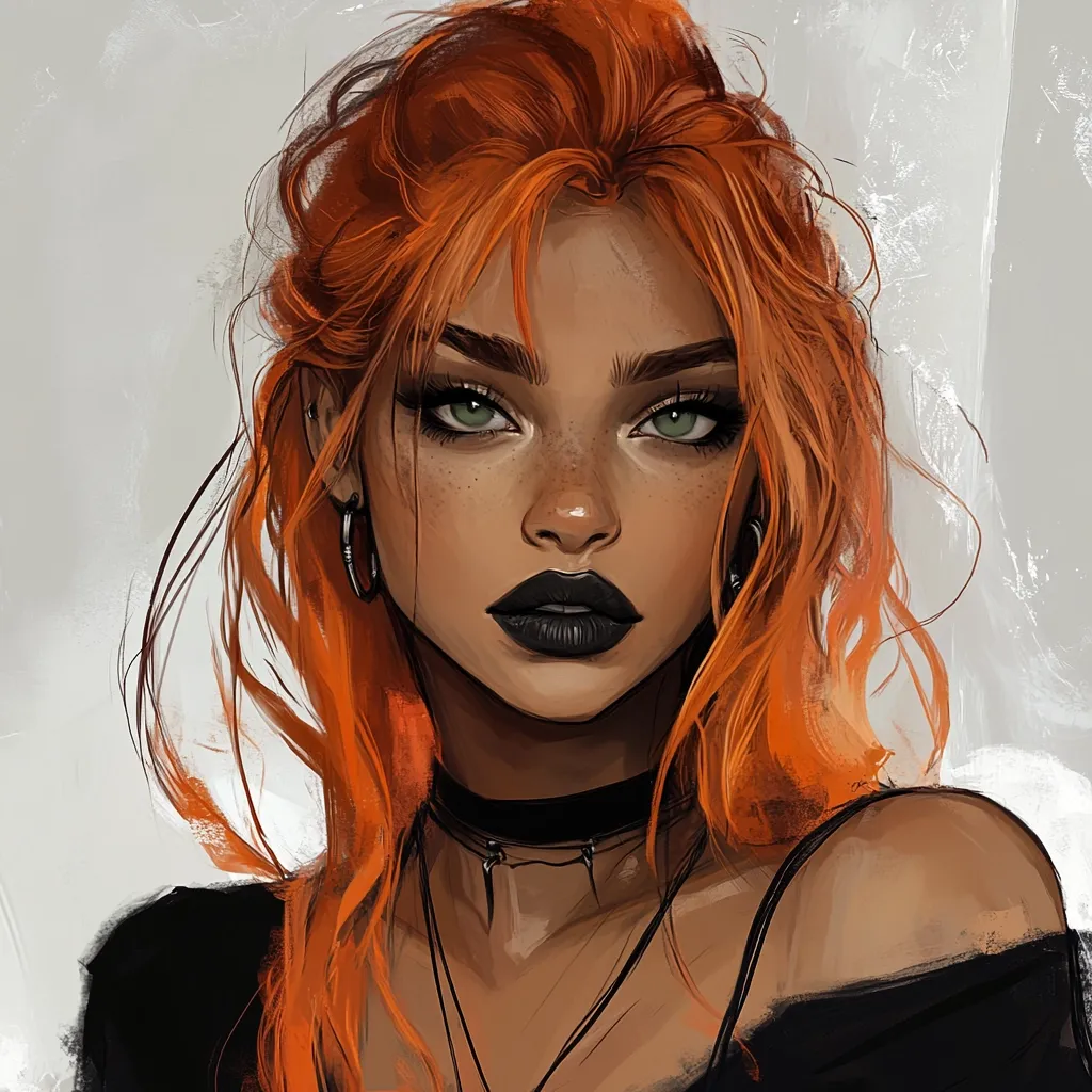 A digital painting portrays a young woman with vibrant, fiery orange hair styled in loose waves.  Her skin is rich brown, adorned with freckles, and her gaze is direct and intense, accentuated by dark eyeshadow and bold, dark lipstick. She wears simple black clothing, a choker necklace, and hoop earrings, adding to her edgy yet beautiful aesthetic.  The style is realistic with a touch of fantasy, creating a striking and memorable image.
