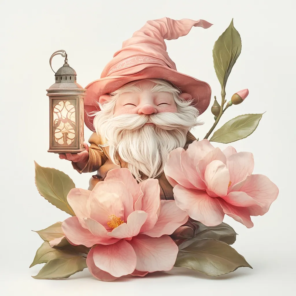A charming digital illustration depicts a rosy-cheeked gnome, wearing a pink pointed hat, seated amidst delicate blush-pink camellias.  He holds a small, ornate lantern emitting a warm glow. The gnome’s expression is serene and peaceful, his long white beard adding to his whimsical character.  The overall aesthetic is soft, gentle, and evokes a sense of springtime tranquility. The image is highly detailed, with realistic rendering of both the gnome and the flowers.