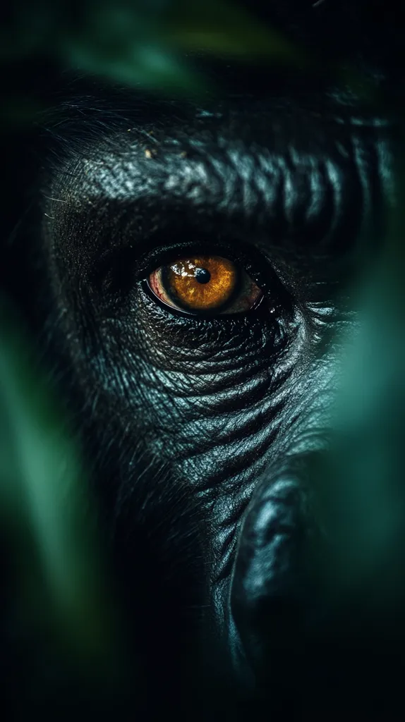 Here's a description of the image:

A close-up shot reveals a portion of a gorilla's face, partially obscured by lush, dark green foliage.  The focus is sharply on the gorilla's eye, a striking amber color,  surrounded by deeply textured, dark skin.  The gorilla's face is mostly shadowed, adding to the mysterious and intimate feel. The overall mood is dark, moody, and emphasizes the animal's powerful presence within its natural habitat. The image's composition creates a sense of hidden observation, as if the gorilla is watching from the shadows.