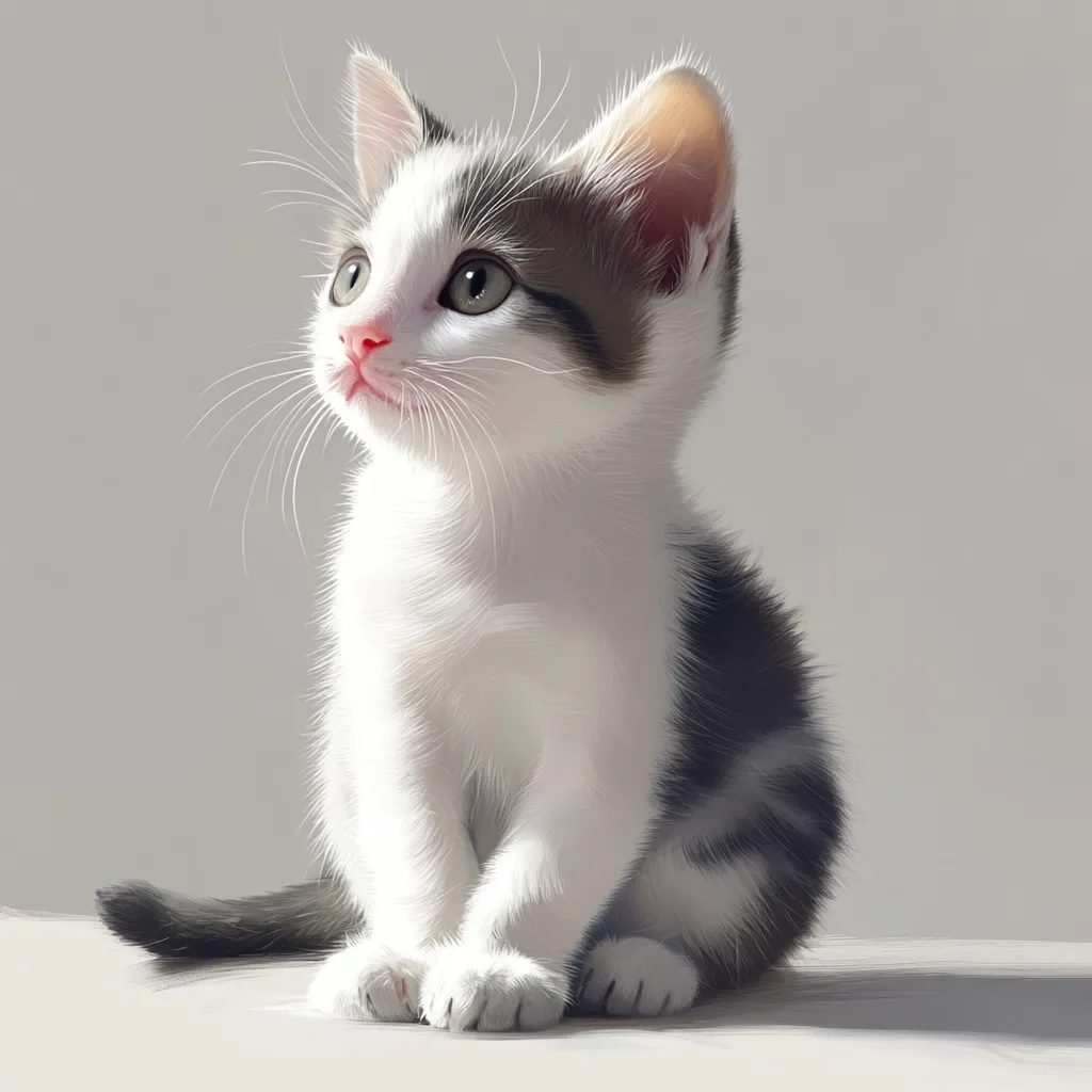 Here's a description of the image:

The image is a digitally painted portrait of an adorable kitten. The kitten is predominantly white with gray tabby markings on its back and tail. Its large, expressive green eyes are captivating, and its pink nose is delicately rendered. The kitten is sitting, its fluffy fur appearing soft and light. The background is a simple, muted gray, allowing the kitten to be the clear focal point. The overall style is realistic yet subtly softened, giving it a gentle and endearing quality. The lighting suggests a soft, natural light source.