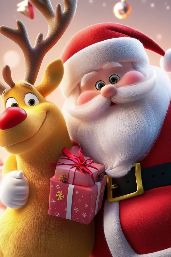A cheerful depiction of Santa Claus and a reindeer, rendered in a 3D cartoon style.  Santa, with a fluffy white beard and rosy cheeks, smiles warmly.  His red suit and large gold buckle are prominent.  The friendly, yellow reindeer stands beside him, holding a stack of festively wrapped pink presents adorned with snowflakes. The background features a soft, warm glow and subtle Christmas ornaments, creating a joyful Christmas atmosphere.