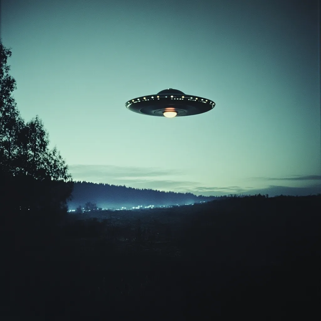 A classic flying saucer hovers silently in a twilight sky above a dark, silhouetted landscape.  The UFO is centrally positioned, its underside glowing faintly.  Below, a line of distant lights suggests a small town nestled amongst the trees and hills. The overall mood is one of mystery and suspense, evoking a sense of otherworldly visitation.  The muted teal and dark tones enhance the enigmatic atmosphere.