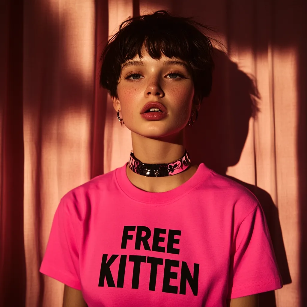 Here's a description of the image:

Close-up view of a young woman with short, dark hair styled in a pixie cut.  She's wearing a vibrant pink t-shirt with the words "FREE KITTEN" printed in bold black lettering.  She also sports a silver choker necklace and small hoop earrings. The backdrop is a soft, peach-colored curtain, with dramatic lighting casting shadows on the fabric. Her expression is neutral, almost pensive. The overall aesthetic is stylish and slightly edgy.
