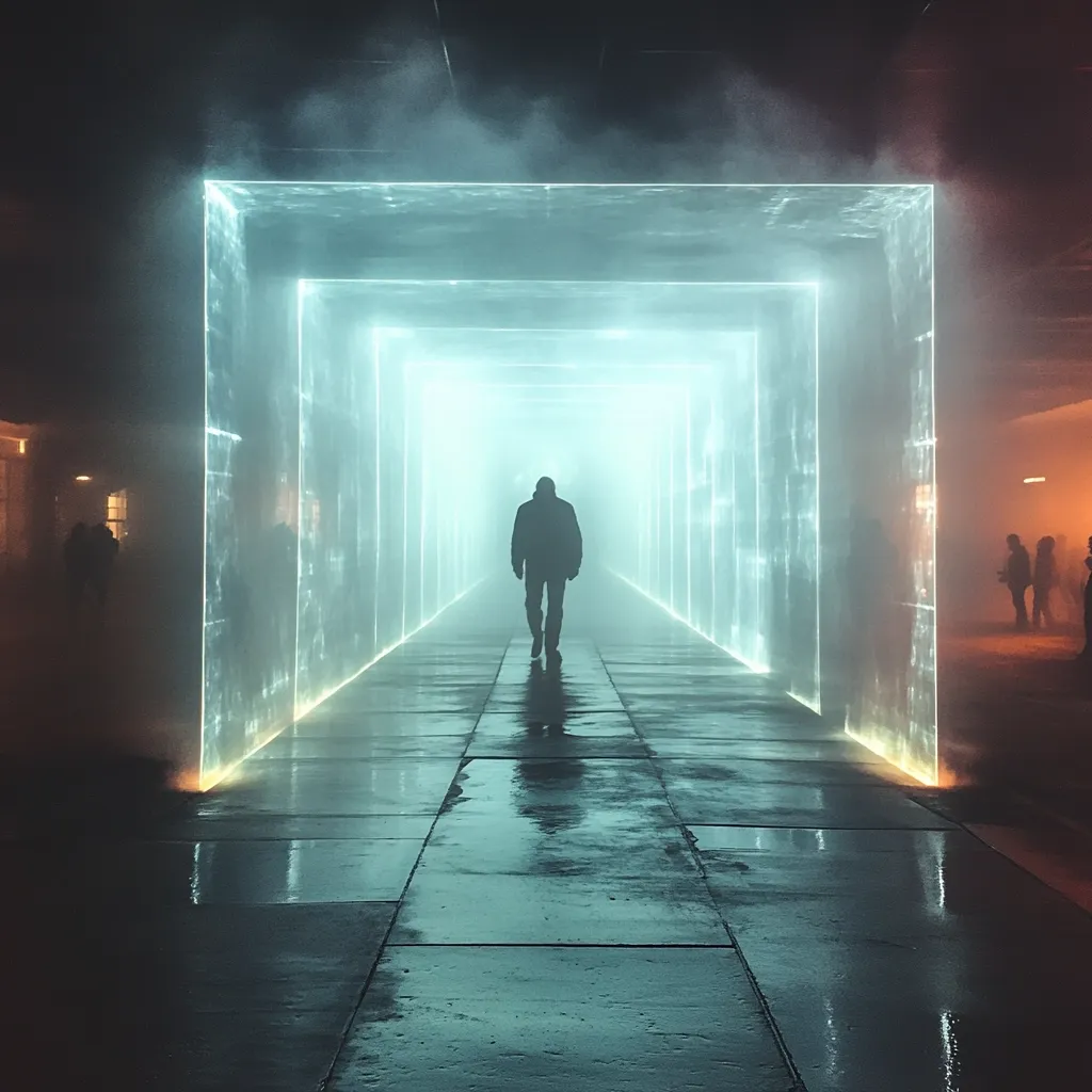 A lone figure, silhouetted against a luminous, ethereal tunnel, walks down a wet, reflective pathway.  The tunnel is constructed of glowing, translucent panels, creating a futuristic and somewhat otherworldly atmosphere.  A hazy fog enhances the mystical ambiance. In the background, indistinct figures add a sense of scale and isolation to the central figure's journey. The scene evokes feelings of mystery and contemplation.