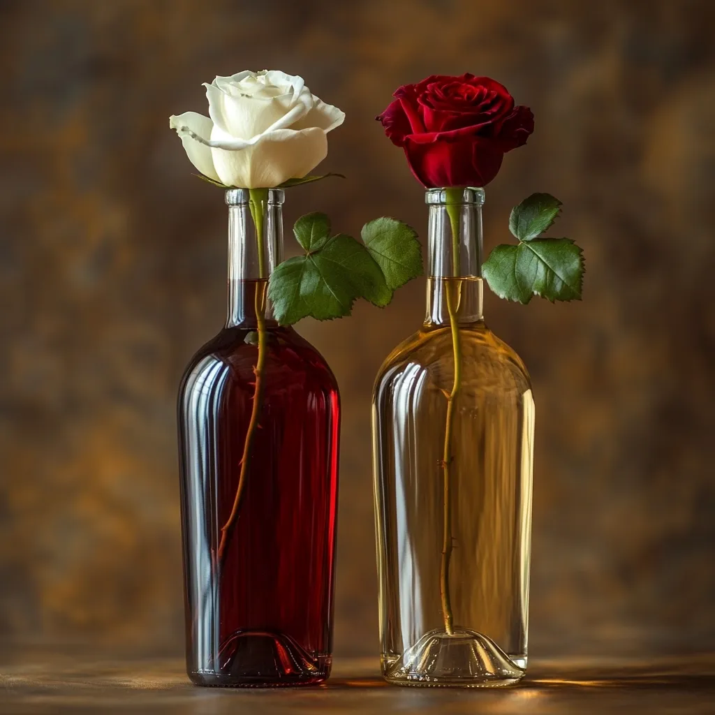 Two wine bottles, one containing red wine and the other white, each hold a single rose.  A white rose graces the red wine bottle, while a deep red rose sits in the white wine bottle.  The stems of the roses extend down into the wine, creating an elegant and romantic still life arrangement against a warm, textured brown background.  The image evokes a sense of romance and sophisticated simplicity.
