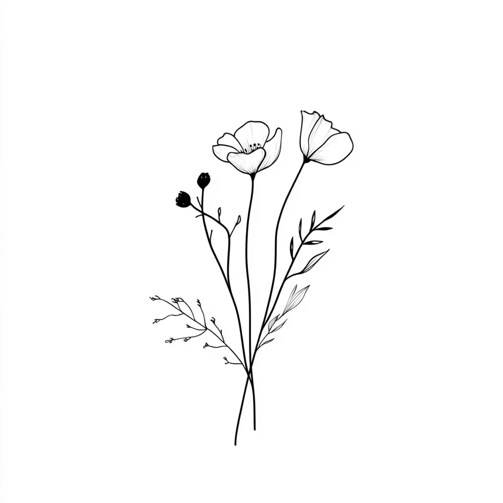 Here's a description of the image:

The image is a minimalist line drawing of a small bouquet of flowers.  Two larger blossoms, possibly poppies, are depicted with delicate petals, alongside smaller buds and slender foliage. The stems intertwine gracefully, creating a simple yet elegant composition. The style is clean and modern, using only black ink lines against a white background.  The overall feel is one of understated beauty and natural simplicity.
