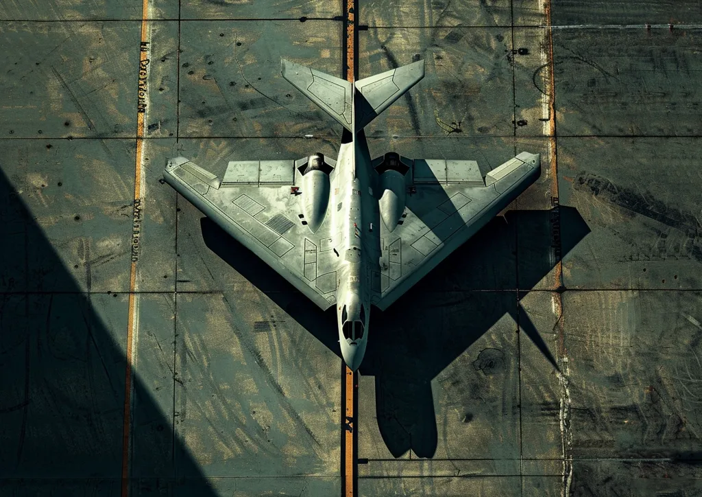 Here's a description of the image:

High-angle, full shot of a B-2 Spirit stealth bomber positioned on a worn tarmac. The aircraft is centrally located, casting a distinct shadow that stretches across the cracked concrete surface.  The tarmac shows significant wear and tear, with tire marks and discoloration visible. Yellow lines bisect the runway, providing directional markings. The B-2's unique flying-wing design is prominently featured, along with its dark, muted grey coloring. The overall impression is one of powerful military technology contrasted with the aged and weathered environment.