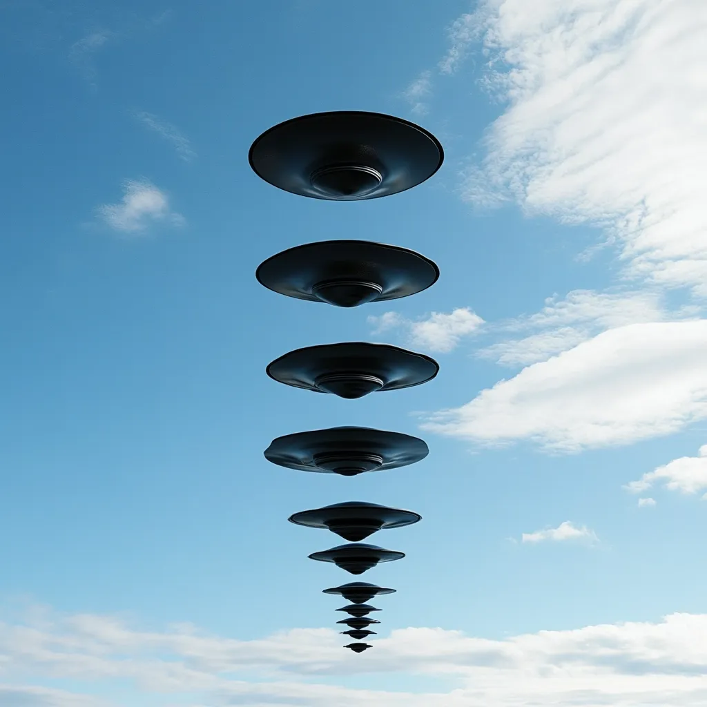 Here's a description of the image:

Against a backdrop of a partly cloudy blue sky, a vertical column of eight dark, saucer-shaped unidentified flying objects (UFOs) descends.  The UFOs are progressively smaller as they near the bottom of the image, creating a diminishing perspective. They appear sleek and smooth, with a classic flying saucer design. The overall image suggests a science fiction or extraterrestrial theme.