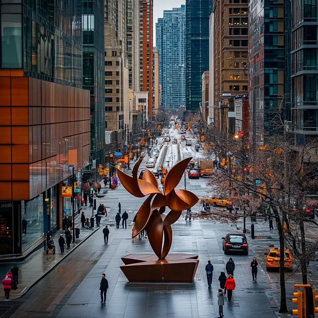 A city street scene unfolds, dominated by a large, abstract, rust-colored metal sculpture at its center. Tall glass and brick buildings line the street, creating a canyon-like effect. Pedestrians are sparsely scattered, walking along the wet pavement. Cars are visible in the distance, and the overall atmosphere suggests a cool, possibly overcast day. The buildings range in architectural style, reflecting a mix of modern and older construction.  The perspective is from an elevated vantage point, offering a broad view down the urban thoroughfare.