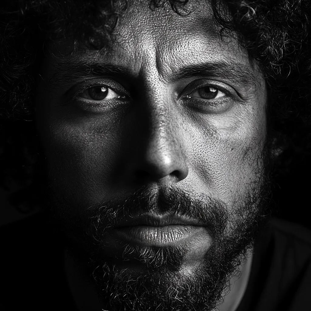 Here's a description of the image:

The black and white close-up portrait showcases a man with dark, curly hair and a beard.  His expression is serious, almost pensive, with intense eyes that command attention.  The lighting is dramatic, creating strong shadows and highlighting the texture of his skin and beard, emphasizing his facial features.  The overall mood is somber and intimate. The focus is sharply on his face, drawing the viewer into his gaze.