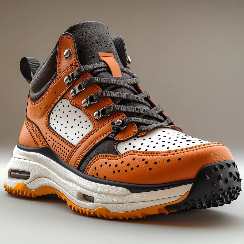 Here's a description of the image:

Close-up view of a stylish high-top sneaker. The shoe is predominantly burnt orange leather with perforated detailing on the toe and side panels, creating a textured effect. White leather accents are interspersed with the orange. The laces are dark grey, and the midsole is off-white with a chunky, rugged outsole featuring black, textured tread. Dark brown leather is visible around the ankle collar and heel. The overall design blends sporty and fashionable elements.