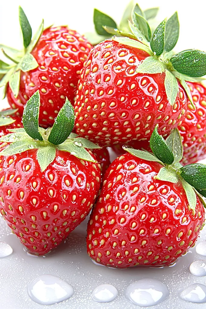 Here's a description of the image:

A cluster of four ripe, red strawberries is showcased against a stark white backdrop.  The strawberries are glistening with moisture, suggesting freshness. Their vibrant red color is punctuated by the bright green of their leafy calyxes. Water droplets are scattered across the surface, adding to the overall impression of juicy deliciousness. The focus is sharp, highlighting the texture and detail of each berry's surface.  The image evokes a feeling of summer abundance and natural sweetness.