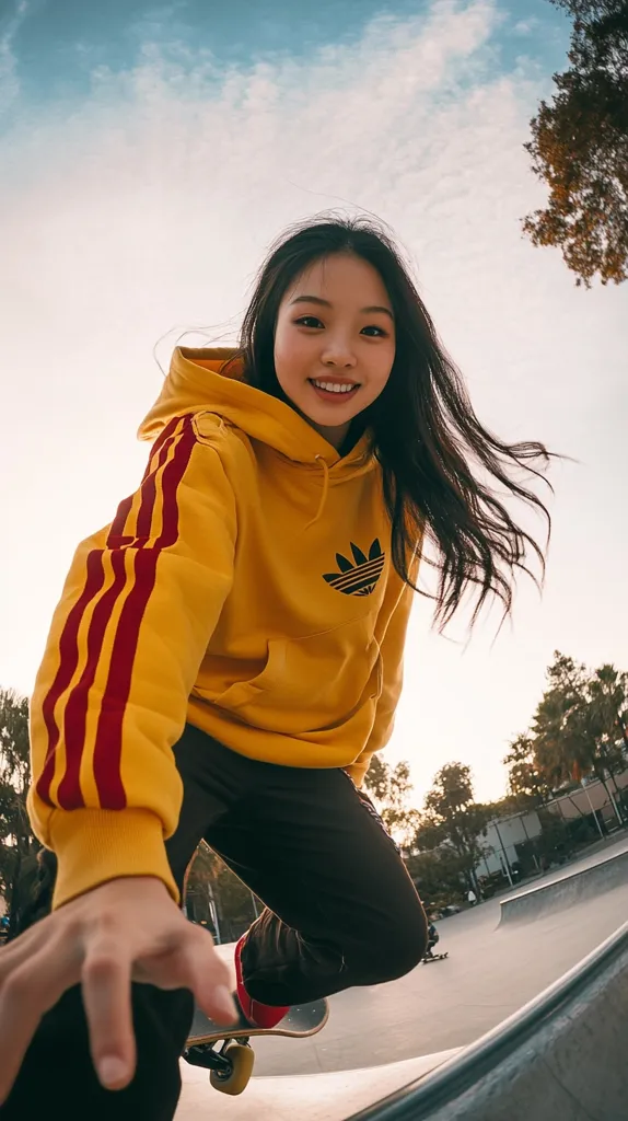 A young woman with long dark hair smiles at the camera while skateboarding. She's wearing a mustard yellow Adidas hoodie with maroon stripes and dark pants.  The photo is taken from a low angle, creating a dynamic perspective. The background shows a partly cloudy sky, trees, and a skate park. The overall mood is energetic and youthful.