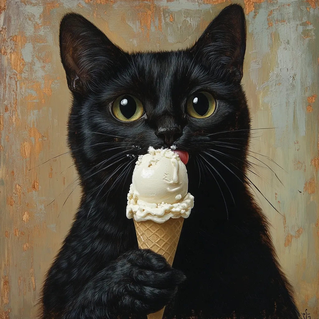 Here is a description of the image:

Close-up view of a meticulously painted black cat enjoying an ice cream cone. The cat's expression is one of focused delight as it licks a scoop of pale vanilla ice cream.  Its large, expressive eyes and whiskers are sharply defined against its glossy black fur. The cat delicately holds the cone with a paw. The background is a muted, textured canvas with earthy tones, contrasting with the cat and ice cream. The overall style is realistic, almost hyperrealistic in its detail and rendering of texture.