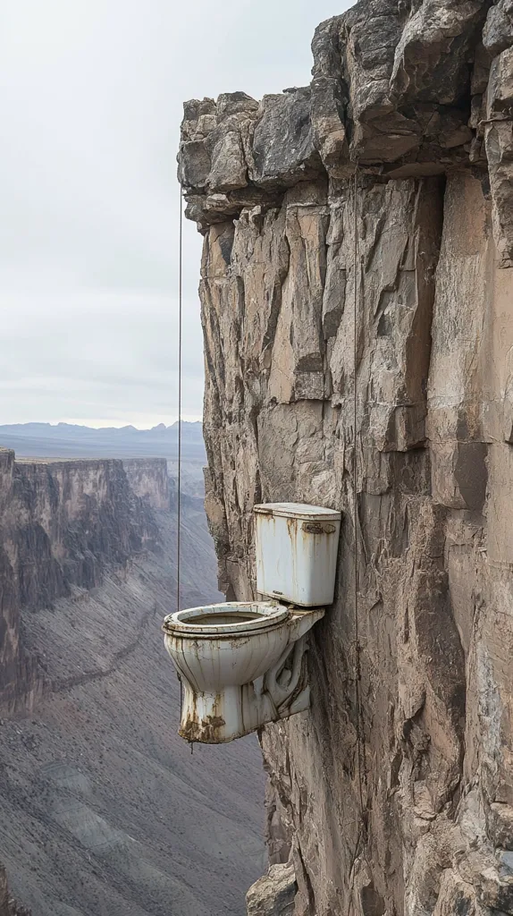 A weathered, white toilet is precariously perched on the edge of a rugged cliff overlooking a vast canyon.  Secured by ropes, the toilet is positioned such that its bowl hangs over the precipice.  The rocky cliff face is textured and shows signs of erosion. The background reveals a wide, expansive canyon under a muted, overcast sky. The scene is both surreal and visually striking, creating a sense of unexpected juxtaposition.