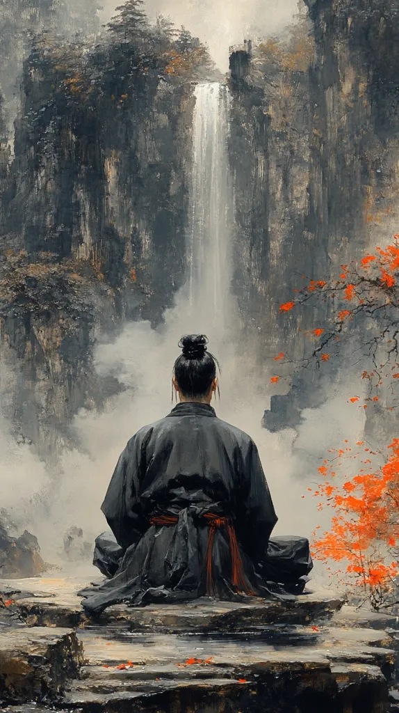 A person, their back to the viewer, sits in a meditative pose on rocks before a misty waterfall cascading down dark, rugged cliffs.  The individual is dressed in dark robes with a red sash.  Branches with vibrant orange leaves frame the scene on the right, providing a contrast to the somber tones of the waterfall and cliff face. The overall atmosphere is serene and contemplative, evoking a sense of peace and spiritual connection with nature.