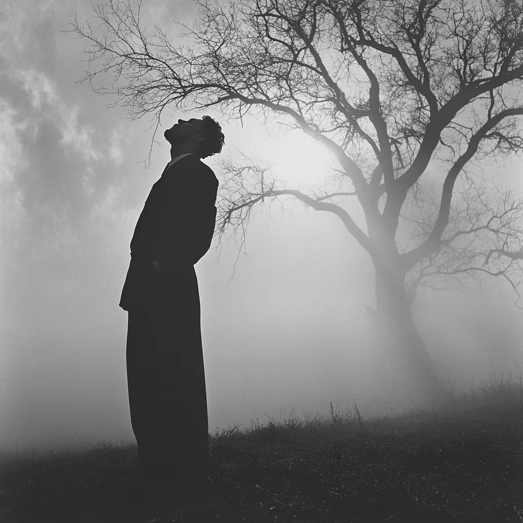 A black and white photograph depicts a man silhouetted against a foggy landscape. He stands with his head tilted back, appearing contemplative or in prayer.  His long coat and trousers are indistinct in the hazy light. Behind him, a stark, leafless tree dominates the middle ground, its branches reaching towards the sky.  The overall mood is somber and atmospheric, emphasizing the solitude of the figure in the misty environment. The image evokes feelings of contemplation and introspection.