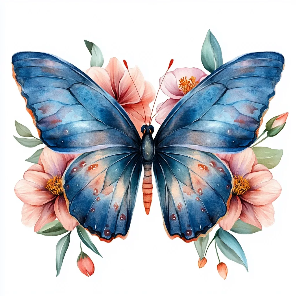 Here's a description of the image:

The image showcases a watercolor painting of a large, vibrant blue butterfly centered against a white background.  Its wings display intricate details, with subtle variations in shading and small, dark spots.  The butterfly is surrounded by a delicate arrangement of blush-pink flowers and soft green leaves, creating a visually appealing and harmonious composition. The overall style is romantic and nature-inspired, with a focus on soft colors and elegant details. The painting's smooth blending of colors and precise rendering of the butterfly's features suggests a high level of artistic skill.