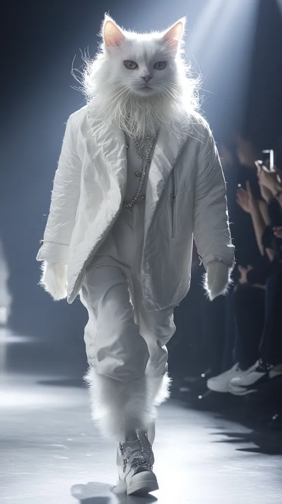 A long-haired white cat struts down a runway, a vision in all-white high fashion.  The feline model wears a chic, oversized coat and matching pants, accessorized with a silver necklace.  Fluffy white cuffs and leg warmers complete the look, paired with chunky white boots.  The dramatic lighting and blurred background emphasize the cat's confident demeanor as it commands the catwalk.