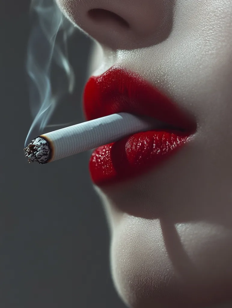 Close-up view of a woman's face, focusing on her lips painted a vibrant red.  A cigarette is held between her lips, with a wisp of smoke exhaling upwards. The image is styled with dramatic lighting, highlighting the texture of her skin and the intensity of the red lipstick. The overall mood is sensual and slightly provocative.  The background is a muted gray, drawing all attention to the woman's mouth and the cigarette.