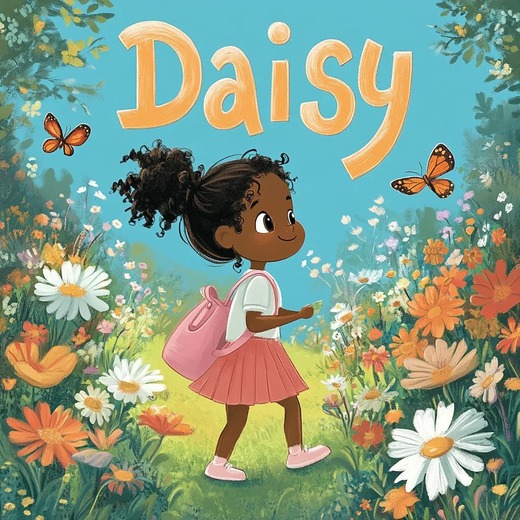 The illustration is the cover of a children's book titled "Daisy."  A young Black girl named Daisy, with curly hair and a pink backpack, walks through a vibrant field of daisies and other wildflowers.  Two butterflies flutter nearby, adding to the cheerful, spring-like scene. The style is bright, whimsical, and evokes a sense of joy and nature.  The overall feel is playful and inviting, suggesting a heartwarming story within.