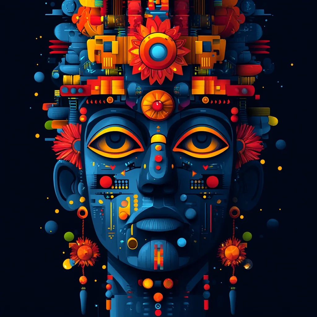 A vibrant, stylized portrait of a face, possibly inspired by Egyptian art, dominates the image.  The face is rendered in deep blues and accented with bold oranges, reds, and yellows.  Geometric shapes and patterns reminiscent of circuitry or machinery are intricately interwoven with the facial features and headdress, creating a striking blend of ancient and futuristic aesthetics. The overall effect is one of bold color and complex design, suggestive of a technologically advanced or fantastical deity.
